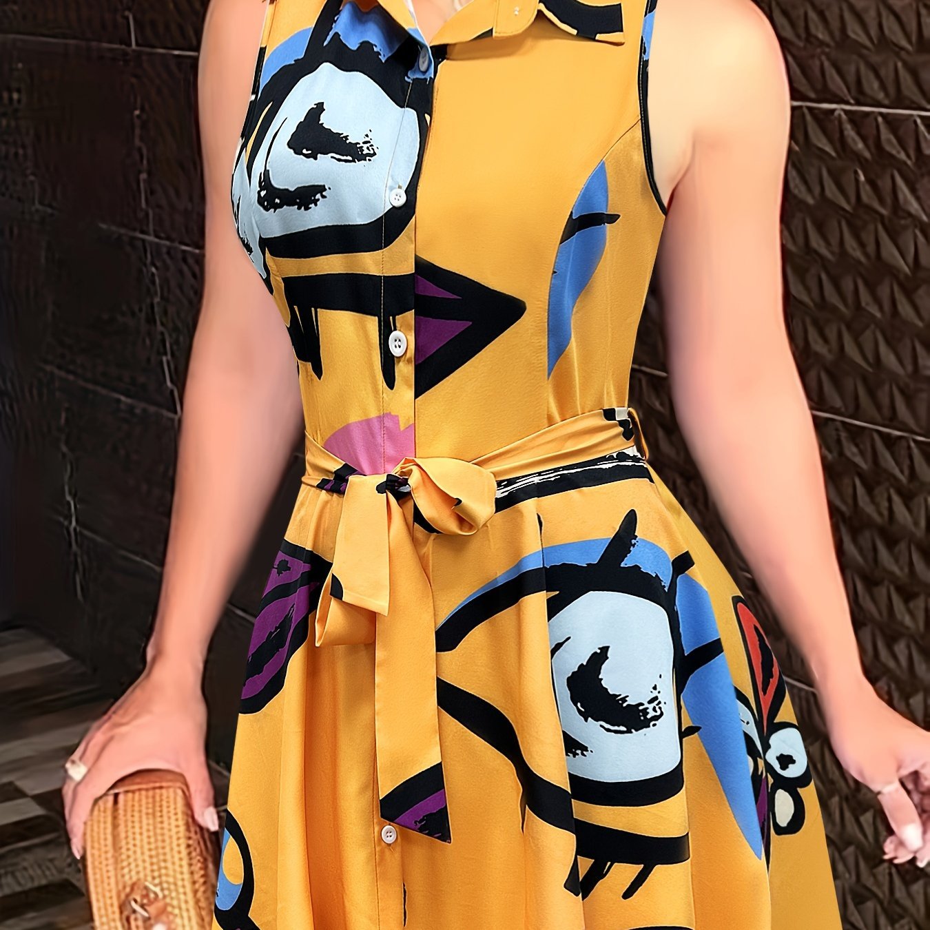 Abstract Print Button Front Sleeveless Dress, Casual Tie-waist Lapel Dress For Spring & Summer, Women??s Clothing - Image 5