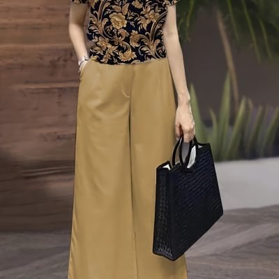 Elegant Two Piece Set, Floral Print Crew Neck Top & Elastic Waist Pocket Wide Leg Pants Outfits For Spring & Summer, Women??s Clothing