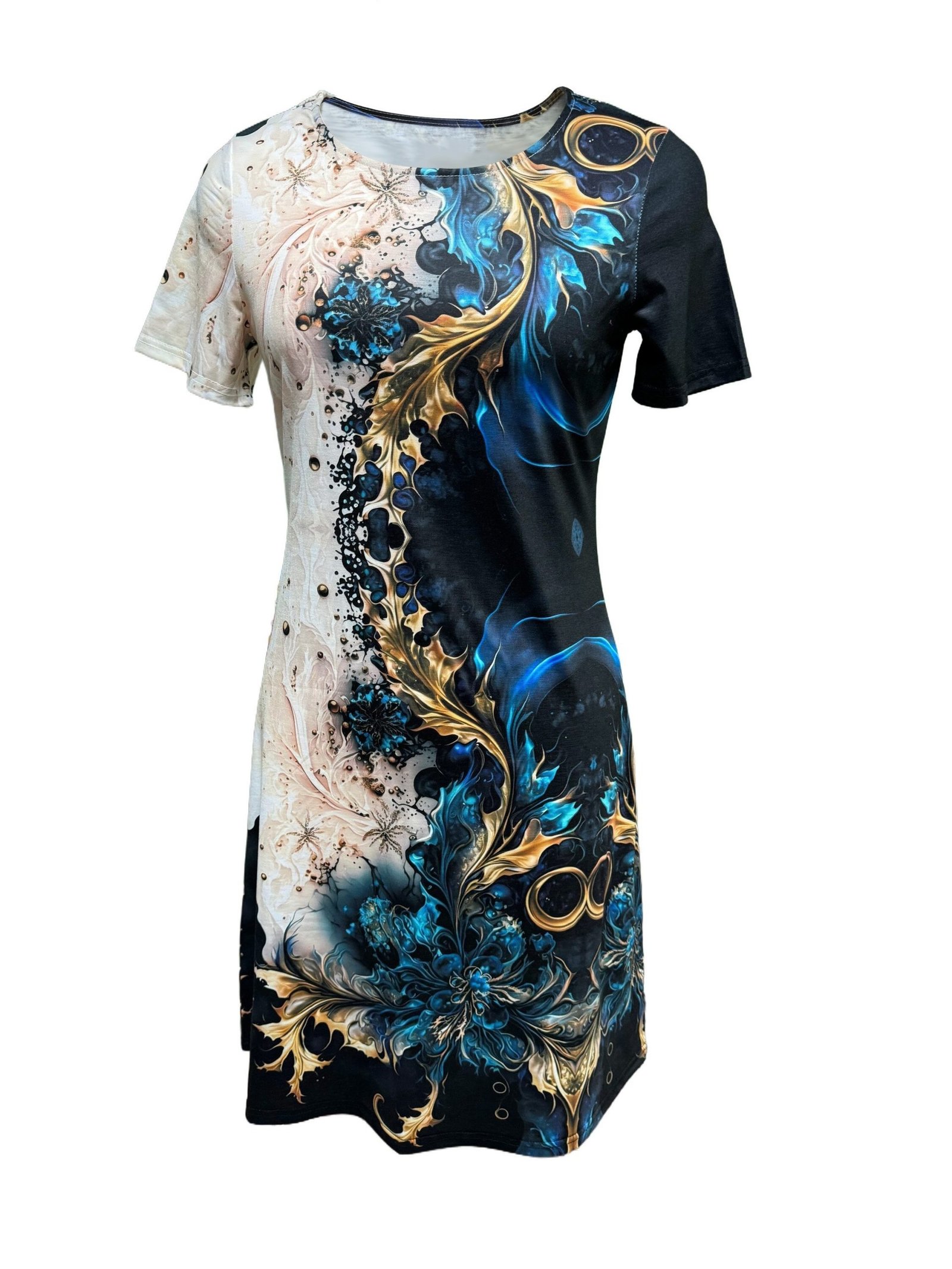 Graphic Print Colorblock Crew Neck Dress, Casual Short Sleeve Dress For Spring & Summer, Women??s Clothing - Image 4