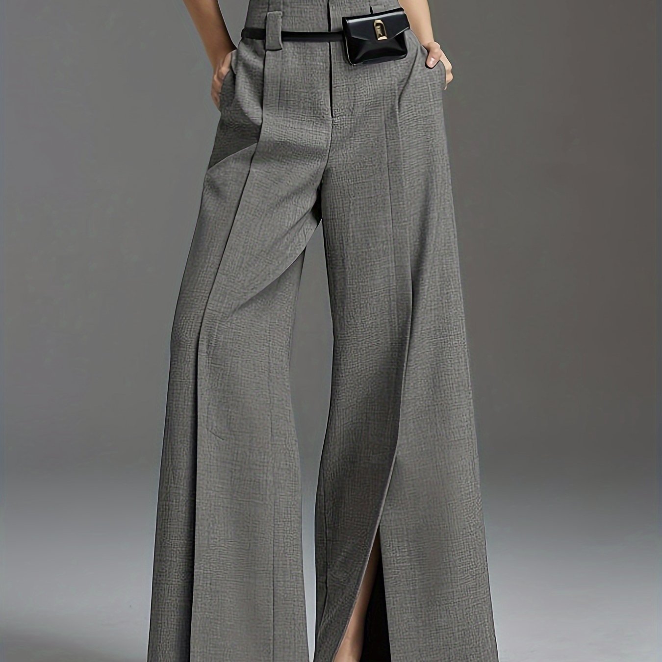 Solid Color Wide Leg Pants, Casual Split Hem Loose Suit Pants For Spring & Summer, Women??s Clothing - Image 2