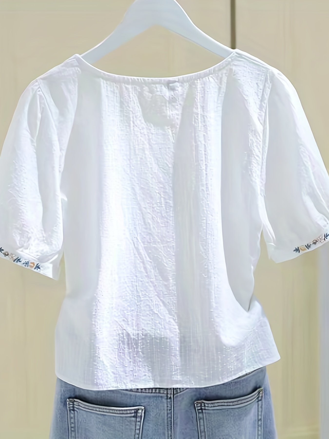 Floral Pattern Square Neck Blouse, Elegant Short Sleeve Blouse For Spring & Summer, Women??s Clothing - Image 3