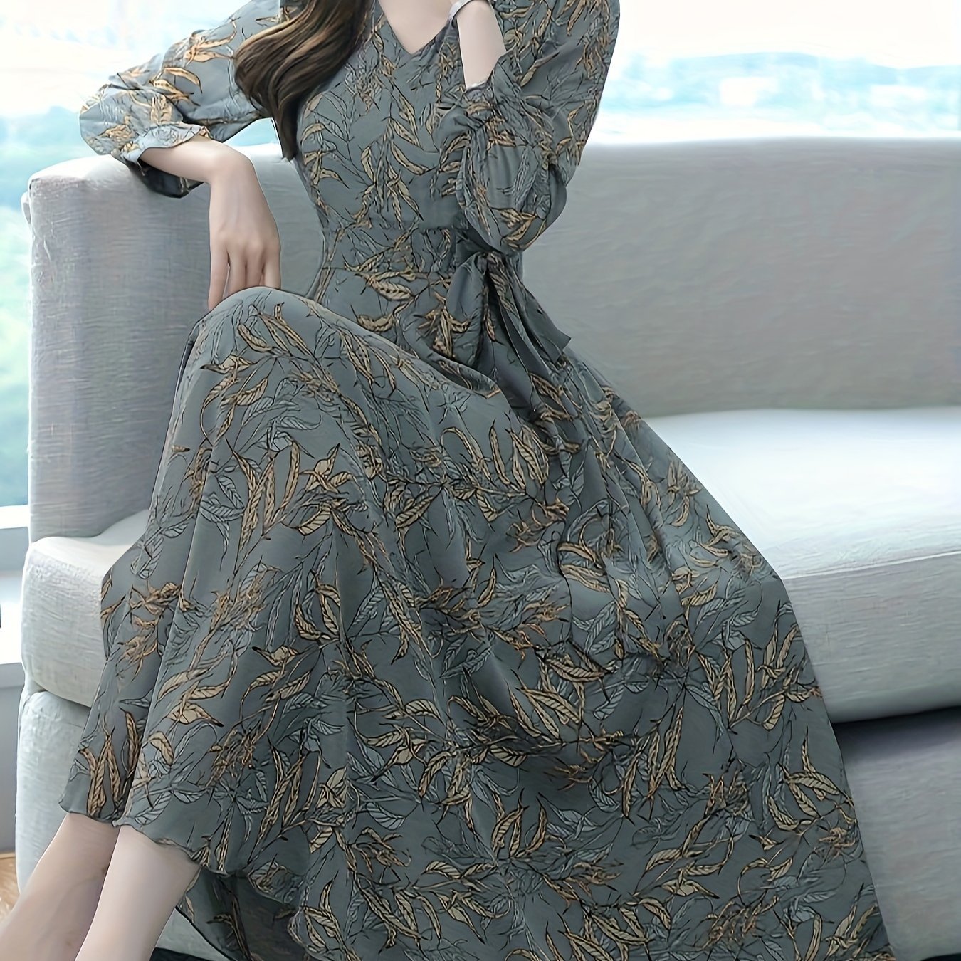 Floral Pattern Midi Dress, Vintage V Neck Long Sleeve Dress, Women??s Clothing - Image 2