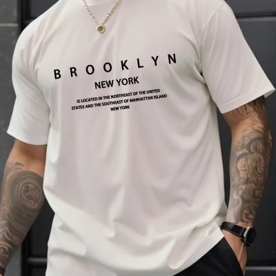 Brooklyn And New York Print Men??s Creative Top, Casual Short Sleeve Crew Neck T-shirt, Men??s Clothing For Summer Outdoor
