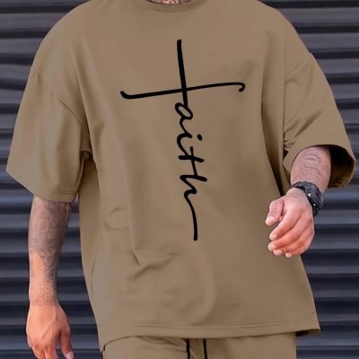 Faith Print Men??s Casual Loose Short Sleeve Crew Neck T-shirt, Summer Outdoor Street
