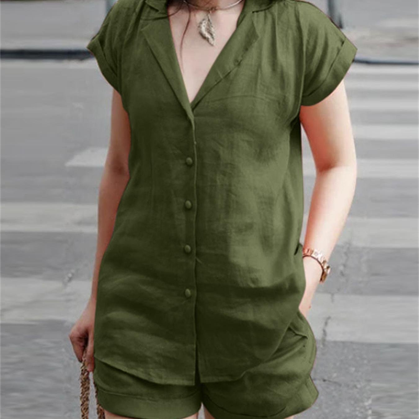 Casual Solid Two-piece Set, Open Front Lapel Neck Top & Skinny High Waist Shorts Outfits, Women??s Clothing - Image 4