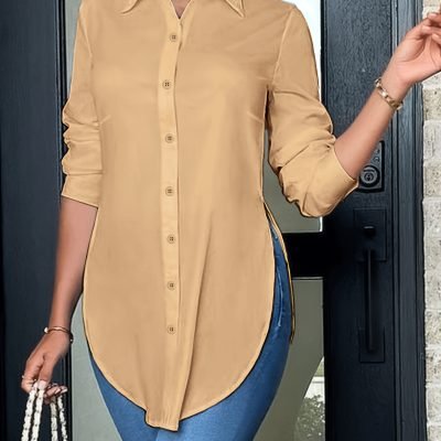 Split Button Front Shirt, Casual Long Sleeve Curved Hem Shirt, Women??s Clothing
