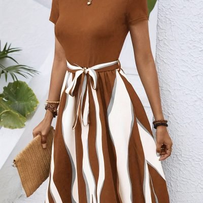 Striped Print Tie Waist Splicing Dress, Versatile Short Sleeve Dress For Spring & Summer, Women??s Clothing For Elegant Dressing