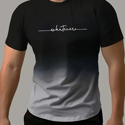 ??Whatever?? Print Gradient Crew Neck T-shirt For Men, Trendy Casual Short Sleeve Top, Men??s Tee For Summer Outing