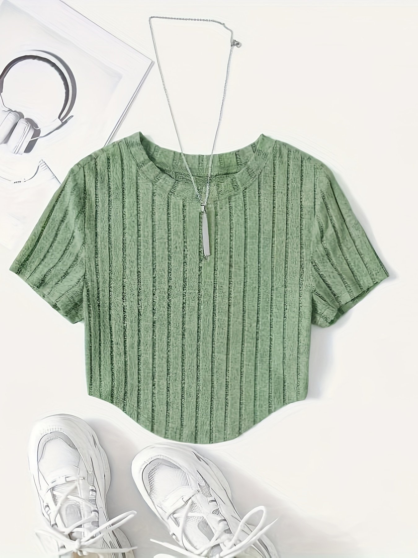 Solid Ribbed Crop T-Shirt, Casual Crew Neck Short Sleeve Top, Women??s Clothing