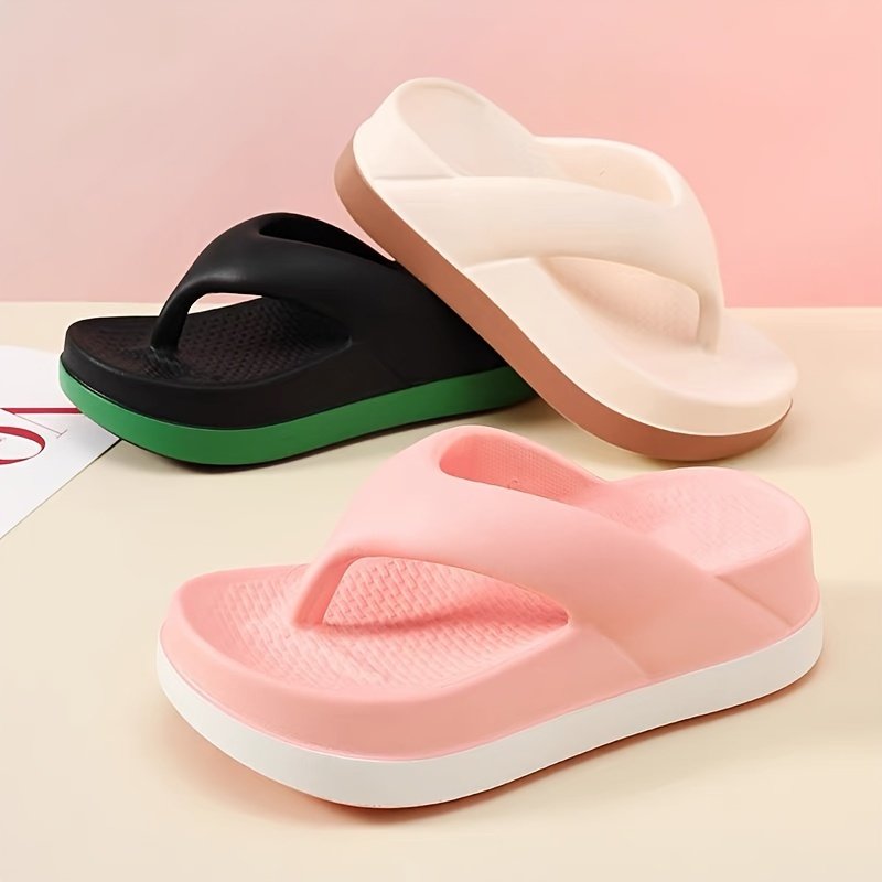 Women??s Contrast Color Flip Flops, Soft Sole Platform Slip On EVA Vacation Slides, Non-slip Beach Slides - Image 9