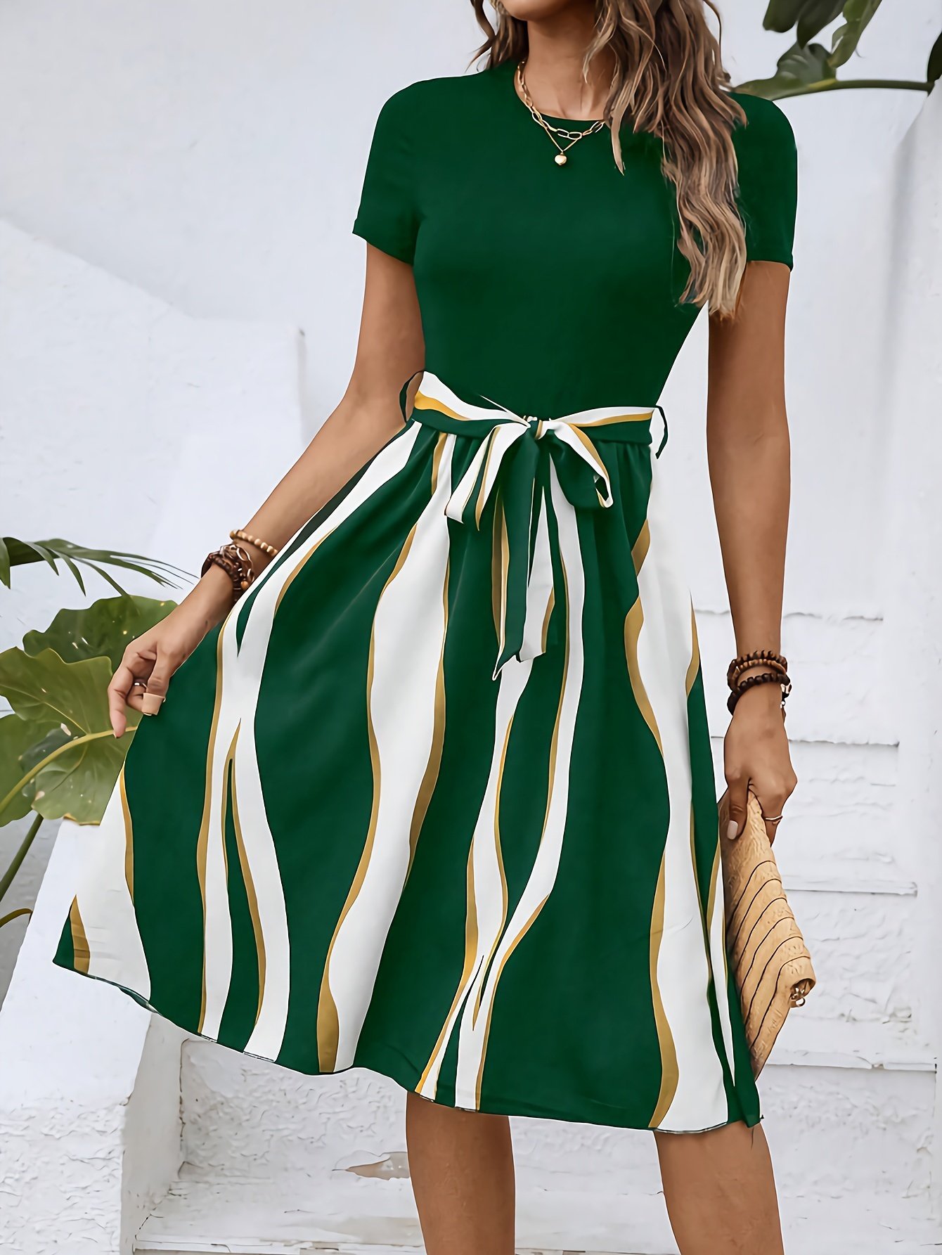 Striped Crew Neck Dress, Elegant Short Sleeve Belted A-line Dress For Spring & Summer, Women??s Clothing - Image 8