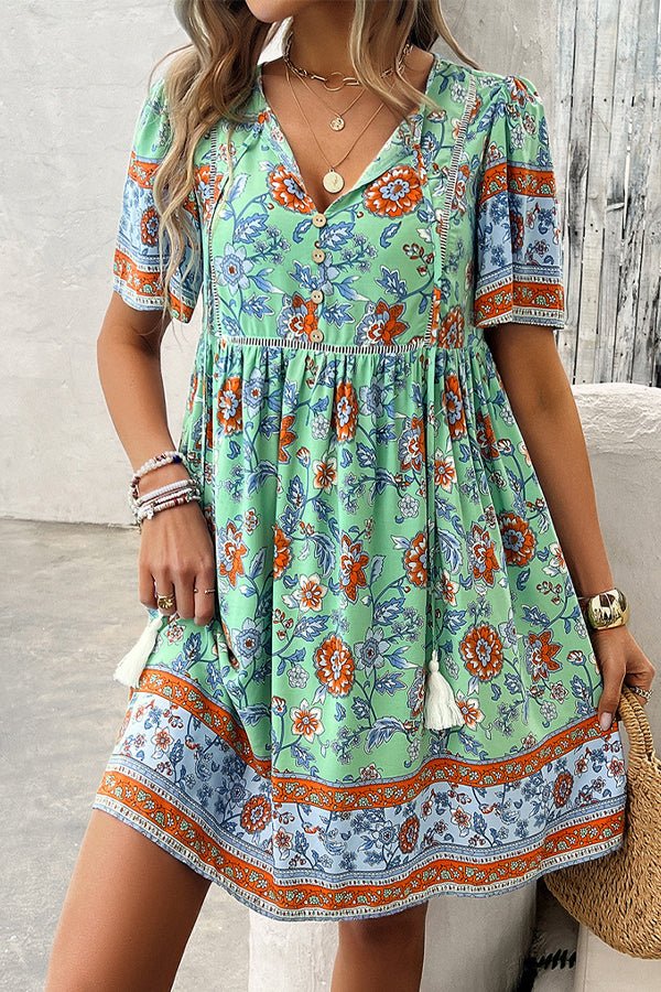 Floral Print V Neck Short Sleeve Mini Dress
