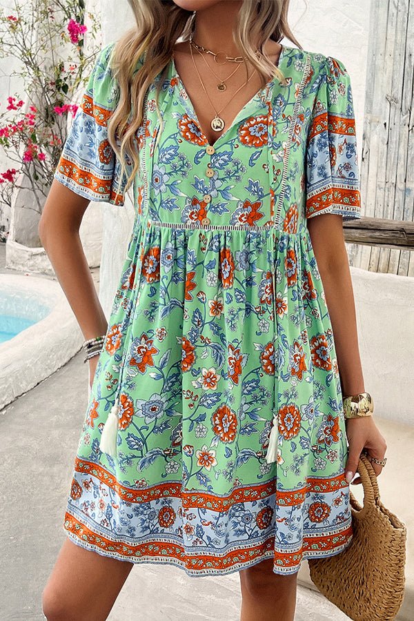 Floral Print V Neck Short Sleeve Mini Dress - Image 3