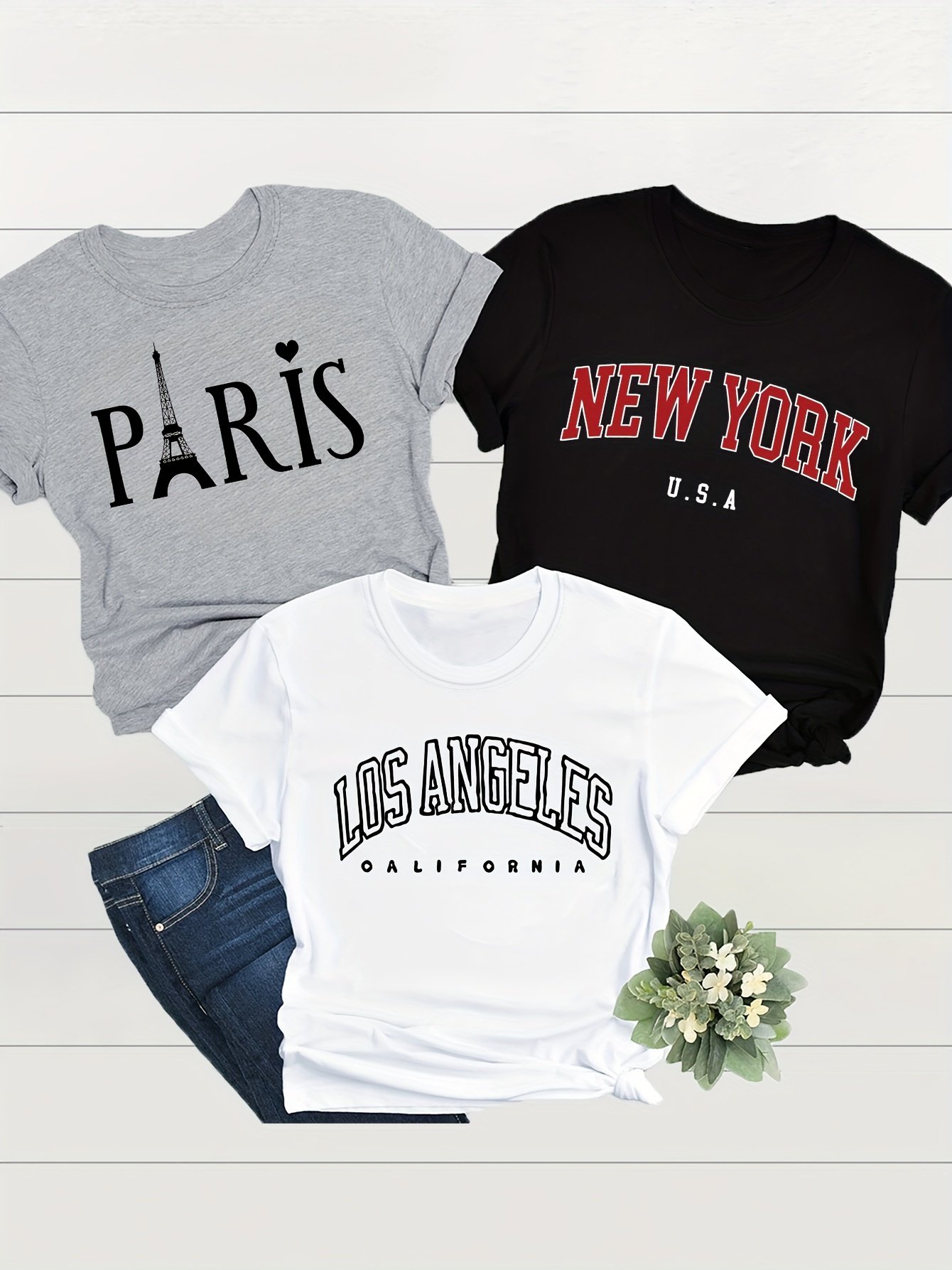 3 Pack Eiffel Tower Print Crew Neck T-Shirt, Casual Short Sleeve T-Shirt For Spring & Summer, Women??s Clothing