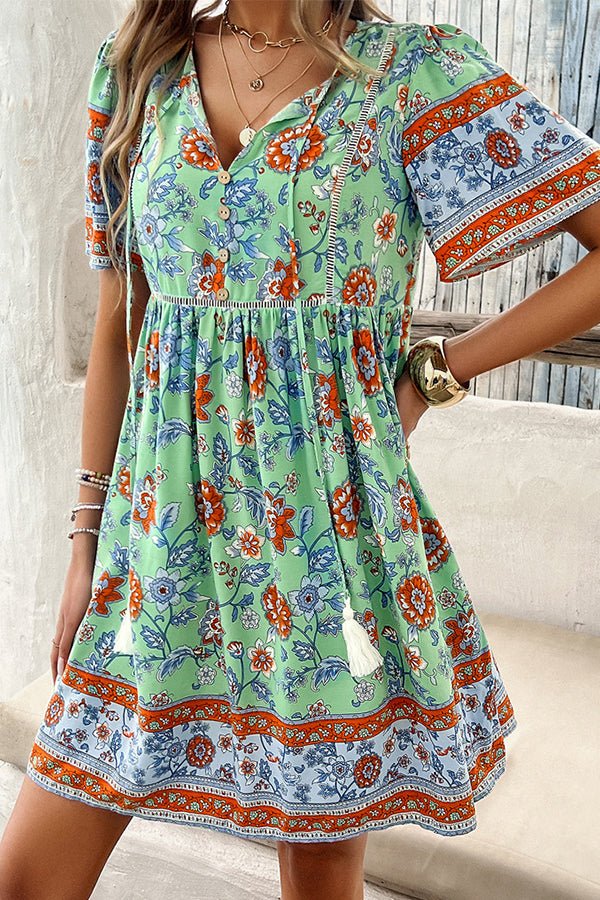 Floral Print V Neck Short Sleeve Mini Dress - Image 4