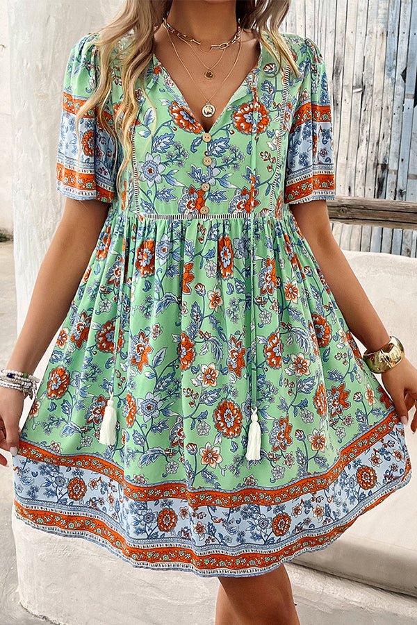Floral Print V Neck Short Sleeve Mini Dress - Image 5