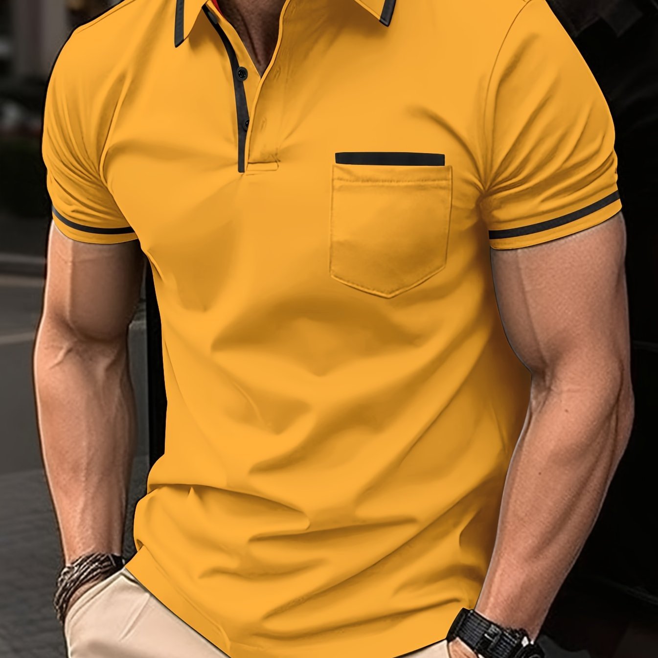 Breathable Regular Fit Men??s Chic Contrast Binding Short Sleeve Golf Shirt With Chest Pocket For Summer, Men??s Clothing - Image 6