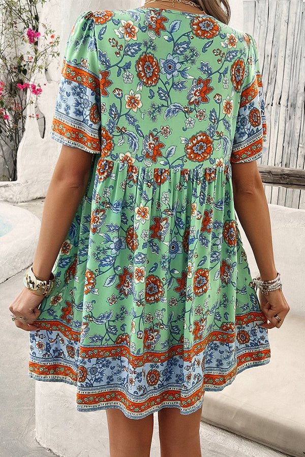 Floral Print V Neck Short Sleeve Mini Dress - Image 6
