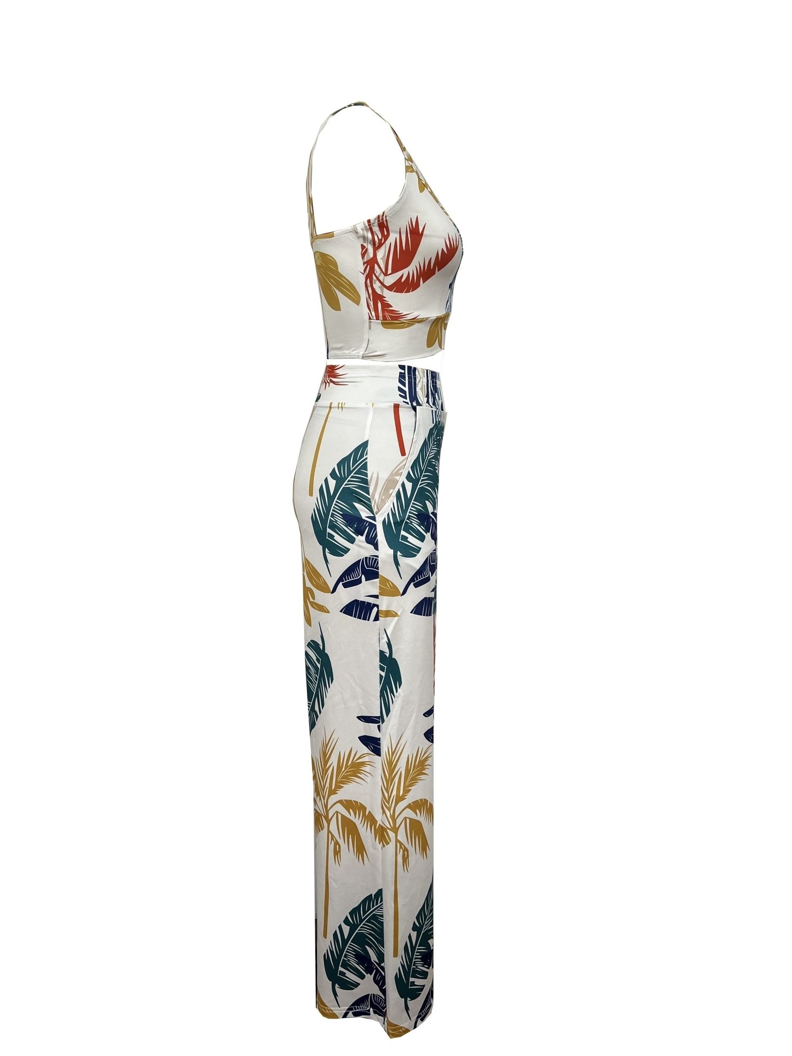 Plant Print Vacation Two-piece Set, V Neck Sleeveless Top & High Waist Wide Leg Pants Outfits, Women??s Clothing - Image 4