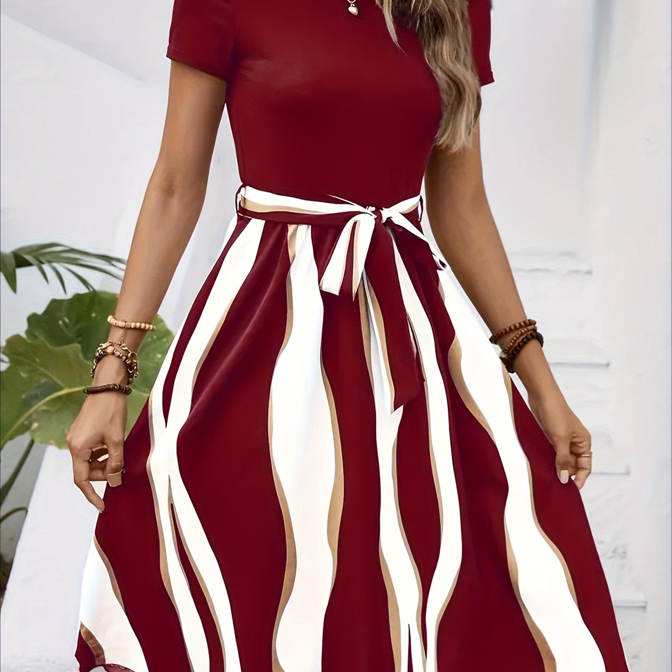 Striped Crew Neck Dress, Elegant Short Sleeve Belted A-line Dress For Spring & Summer, Women??s Clothing - Image 3