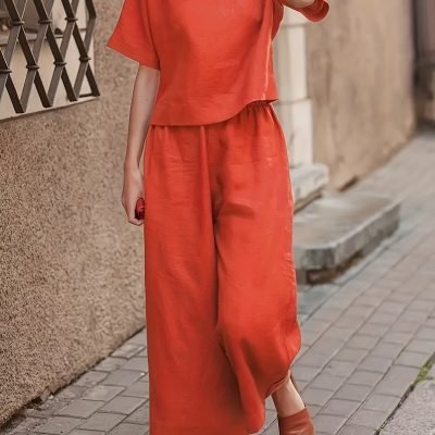 Solid Two-piece Set, Crew Neck Casual T-Shirt & Wide Leg Pants, Women??s Clothing