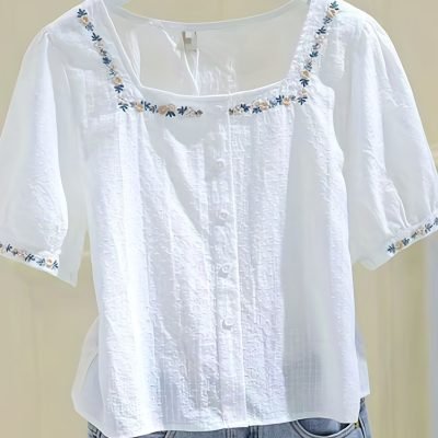 Floral Pattern Square Neck Blouse, Elegant Short Sleeve Blouse For Spring & Summer, Women??s Clothing
