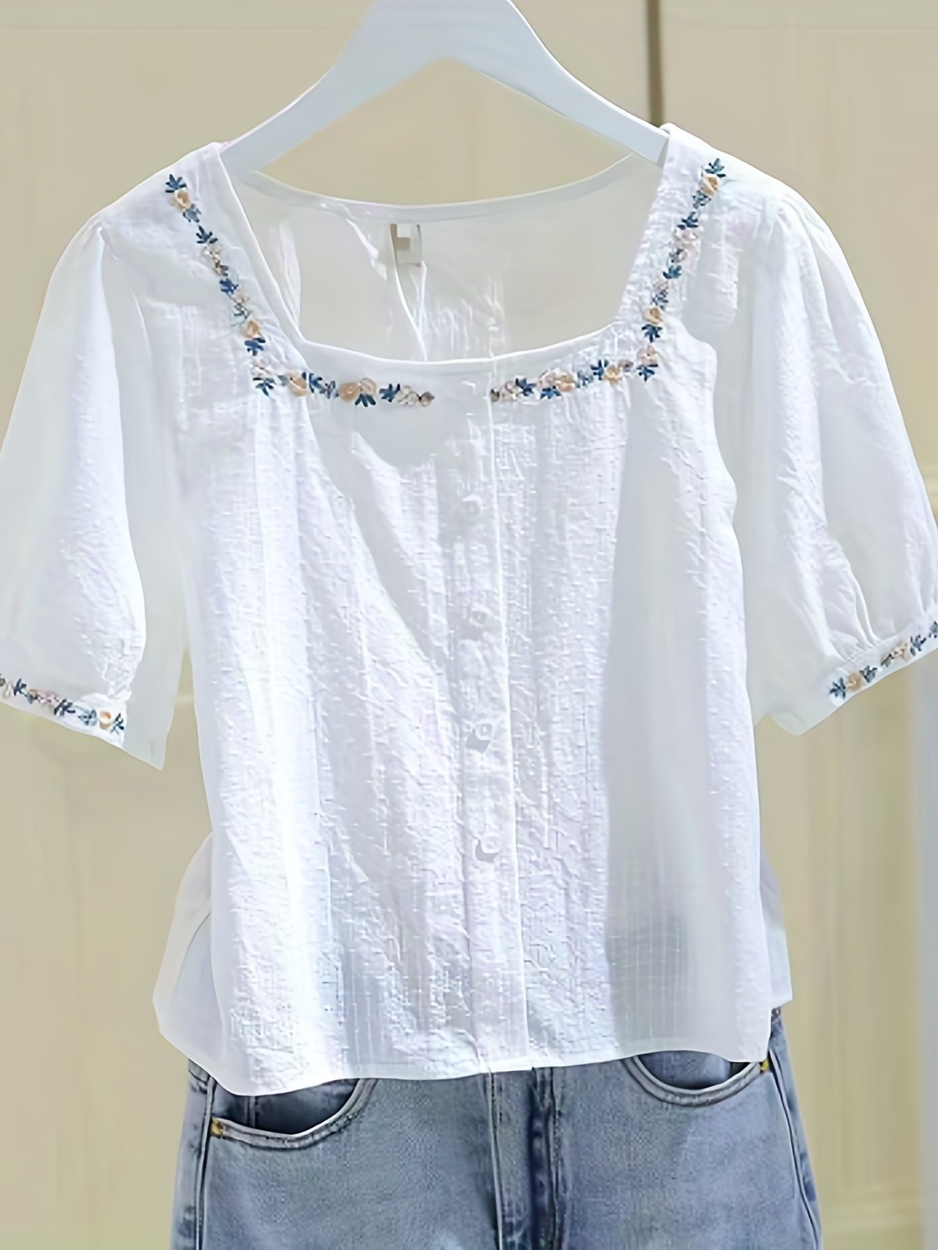 Floral Pattern Square Neck Blouse, Elegant Short Sleeve Blouse For Spring & Summer, Women??s Clothing