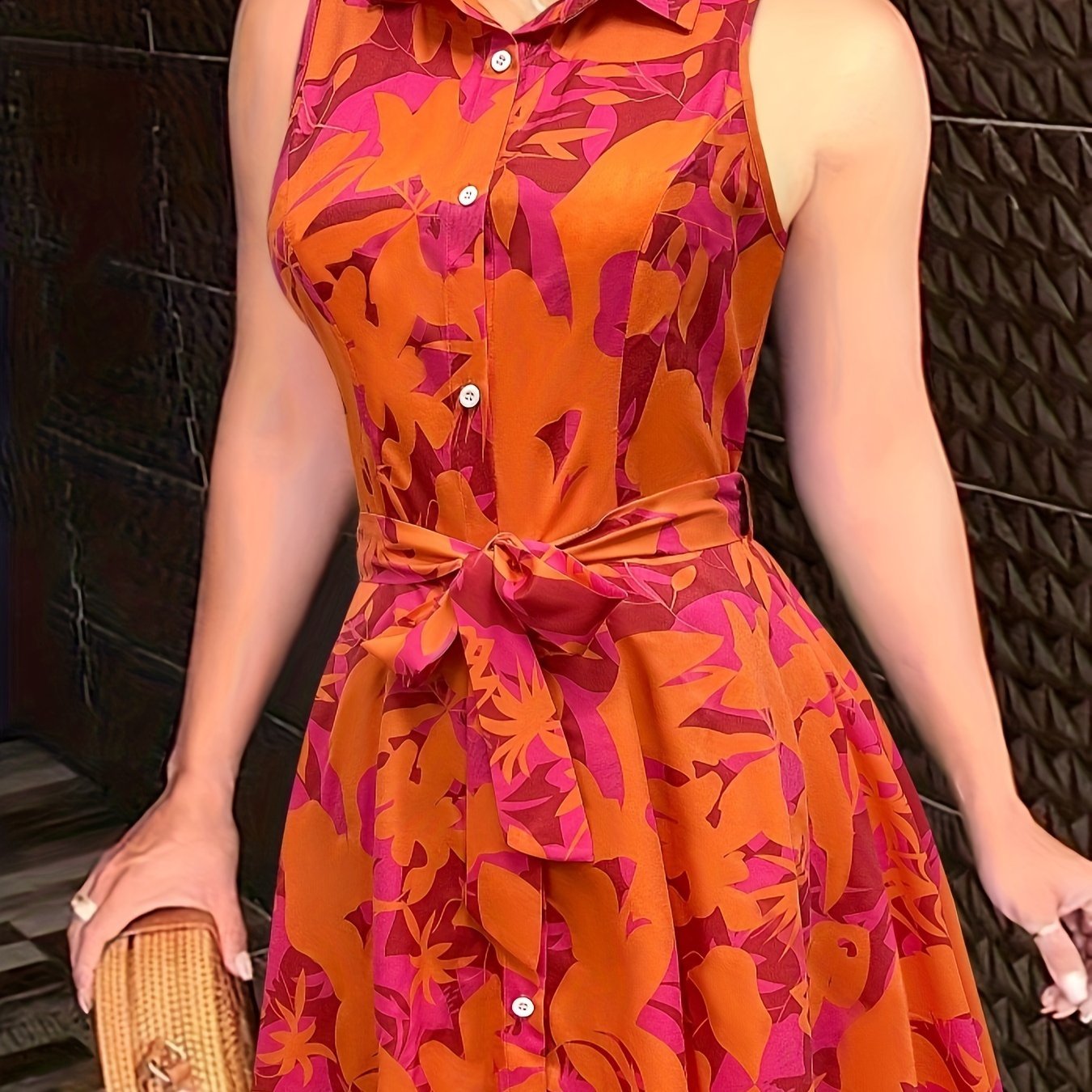 Abstract Print Button Front Sleeveless Dress, Casual Tie-waist Lapel Dress For Spring & Summer, Women??s Clothing - Image 8