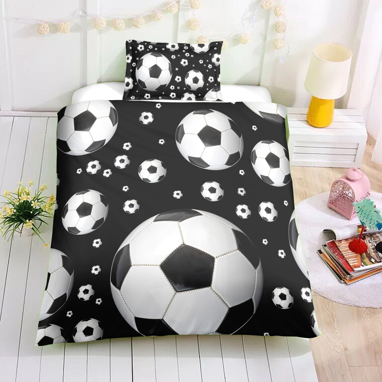 Black 2/3-Piece Flying Soccer Ball Duvet Cover Set - Image 2