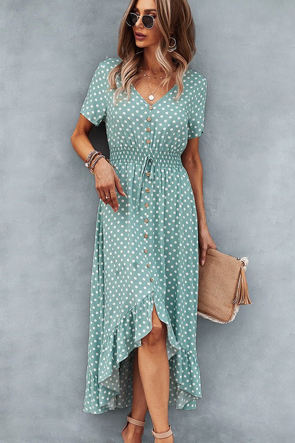 Dots Print High Waist V Neck Casual Dress - Image 2