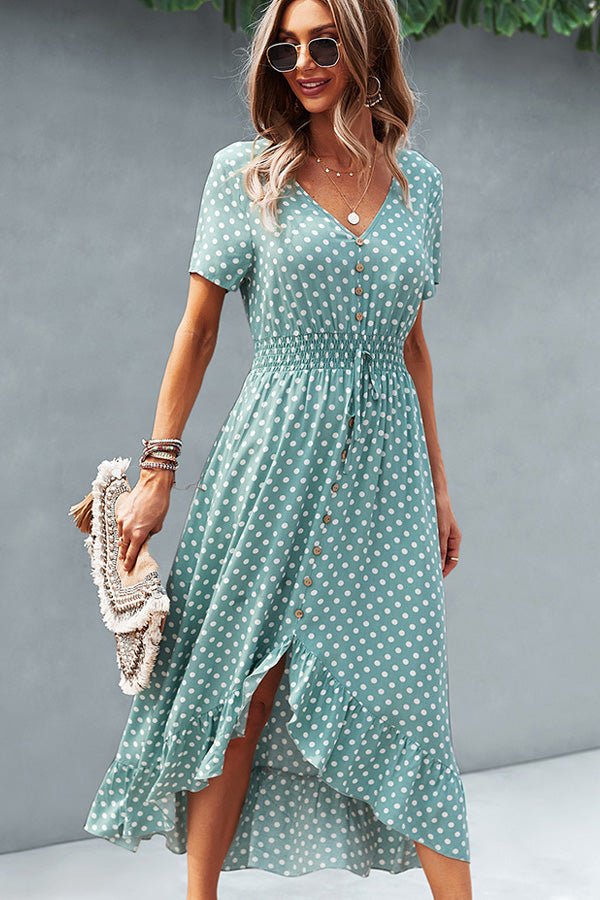 Dots Print High Waist V Neck Casual Dress - Image 5