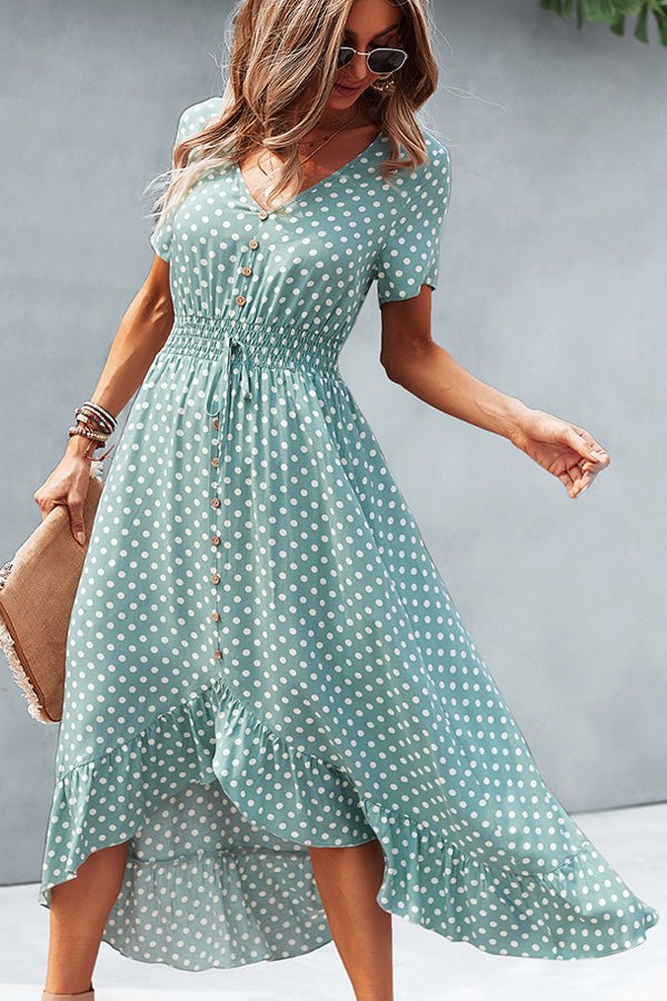 Dots Print High Waist V Neck Casual Dress - Image 4