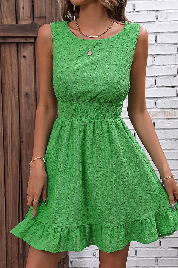 Solid Color Smocked Waist Ruffle Hem Casual Dress - Image 3