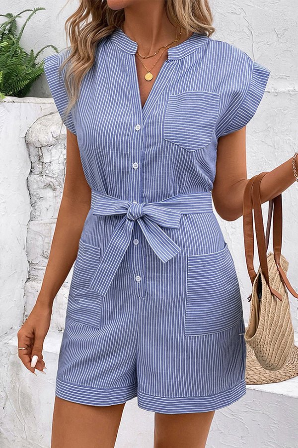 Fashion Stripe Print V Neck Tie Waist Rompers - Image 3