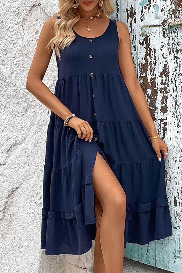 Solid Color Round Neck Button Up Casual Dress - Image 3