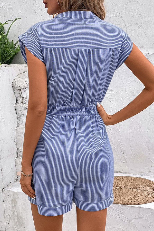 Fashion Stripe Print V Neck Tie Waist Rompers - Image 5
