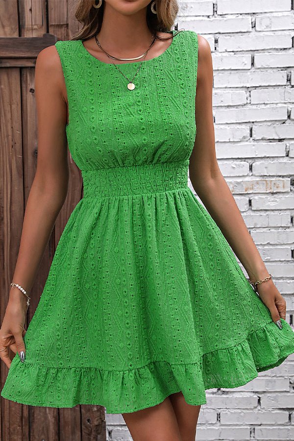 Solid Color Smocked Waist Ruffle Hem Casual Dress - Image 4