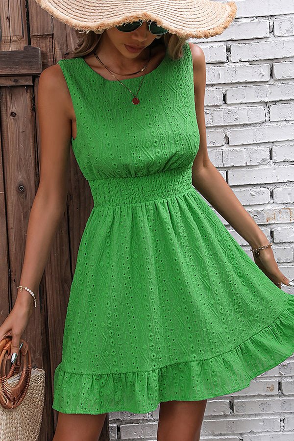 Solid Color Smocked Waist Ruffle Hem Casual Dress - Image 2