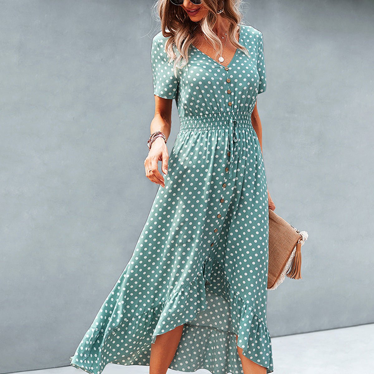 Dots Print High Waist V Neck Casual Dress - Image 7