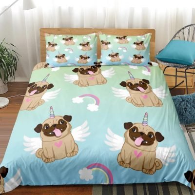 Teal 2/3-Piece Cartoon Unicorn Pug Pattern Duvet Cover Set