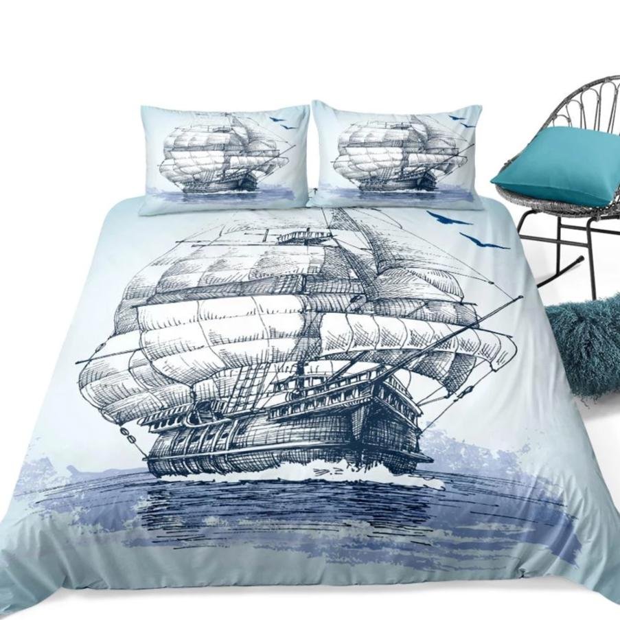 Blue 2/3-Piece Vintage Colonial Sailing Ship Duvet Cover Set - Image 5