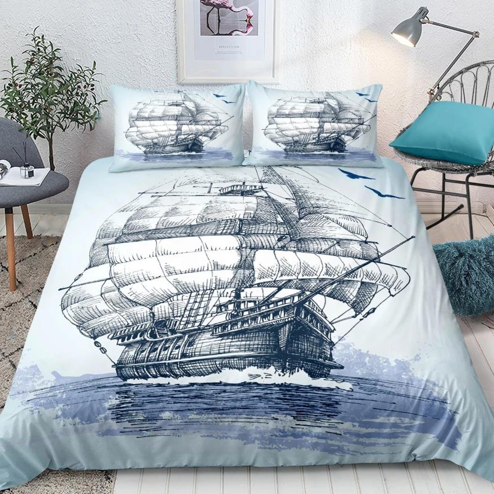 Blue 2/3-Piece Vintage Colonial Sailing Ship Duvet Cover Set