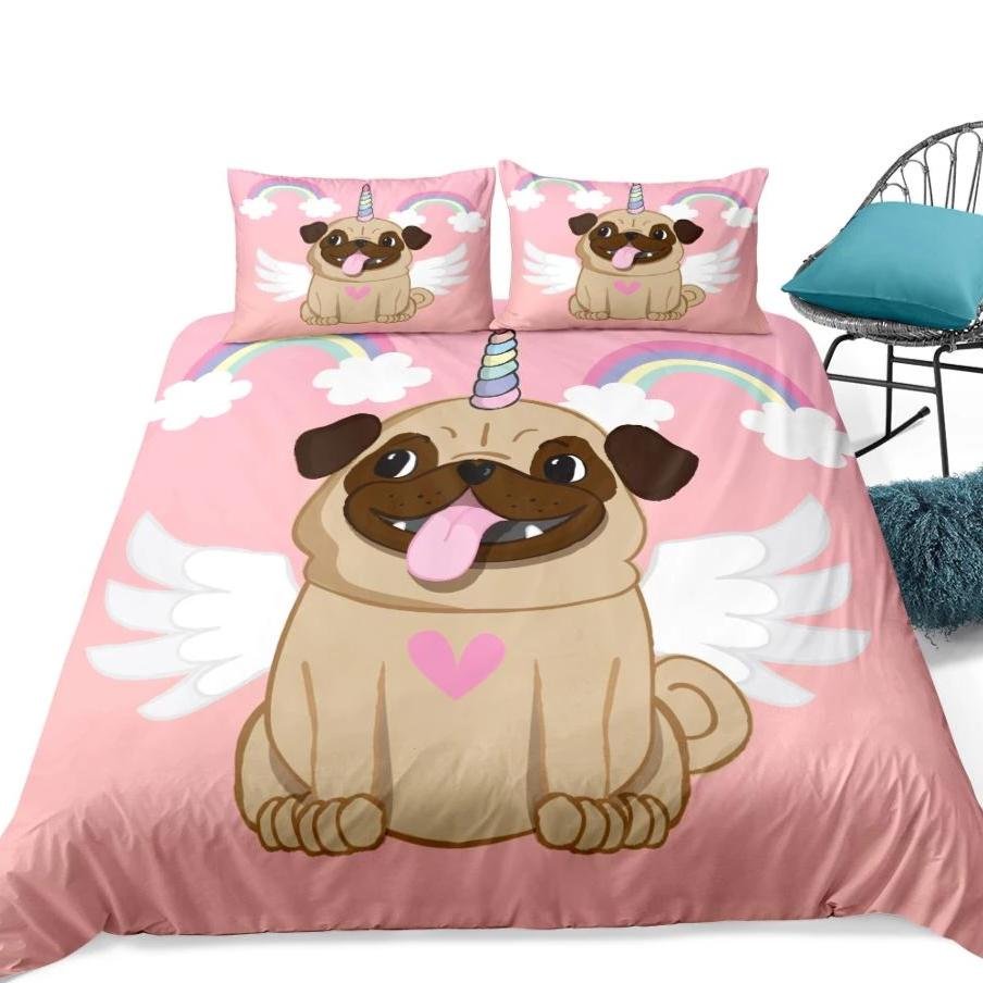 Pink 2/3-Piece Cartoon Unicorn Pug Print Duvet Cover Set - Image 4