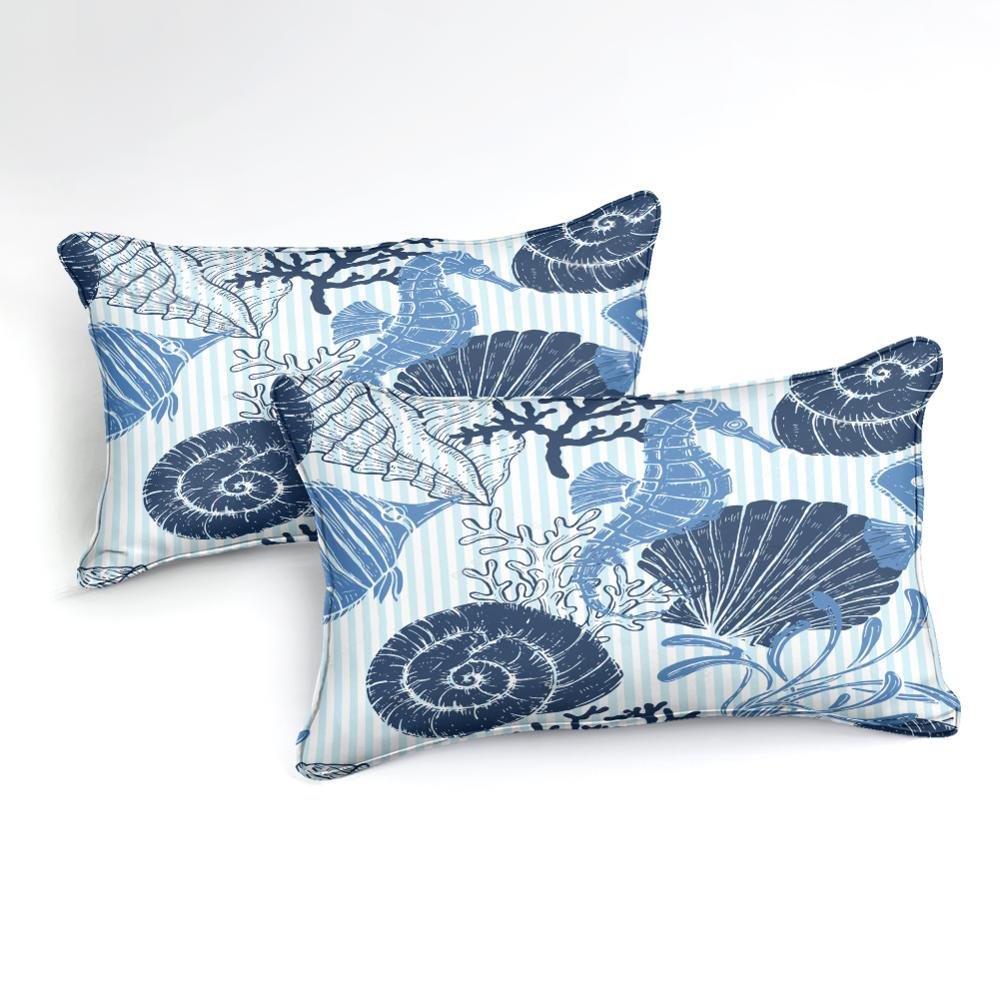 Blue 2/3-Piece Striped Nautical Ocean Sea Shell Print Duvet Set - Image 2