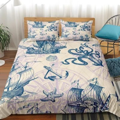 Beige 2/3-Piece Nautical Ocean Voyage Duvet Cover Set