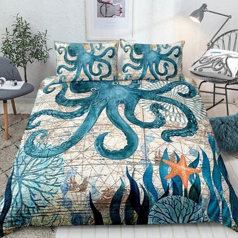 2/3-Piece Mediterranean Octopus Print Duvet Cover Set
