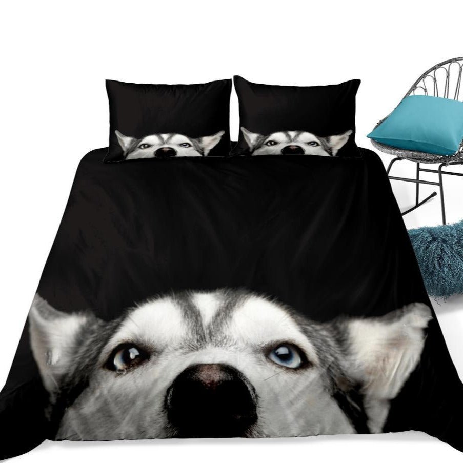 Black 2/3-Piece Peeking Husky Dog Duvet Cover Set - Image 4