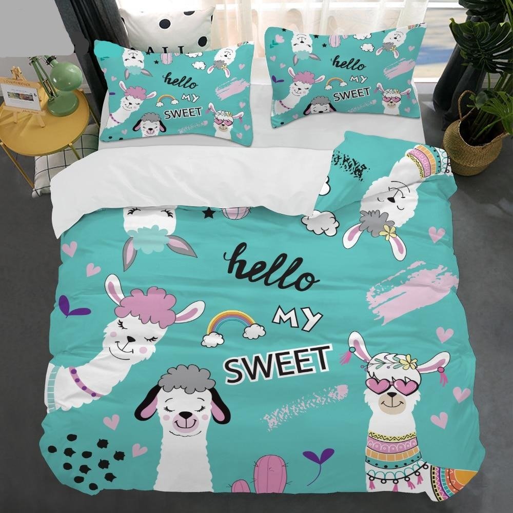 Teal Blue 2/3-Piece Cartoon Alpaca / Llama Print Duvet Cover Set