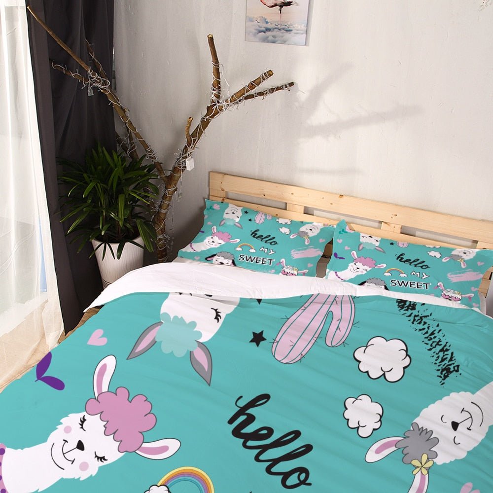 Teal Blue 2/3-Piece Cartoon Alpaca / Llama Print Duvet Cover Set - Image 3