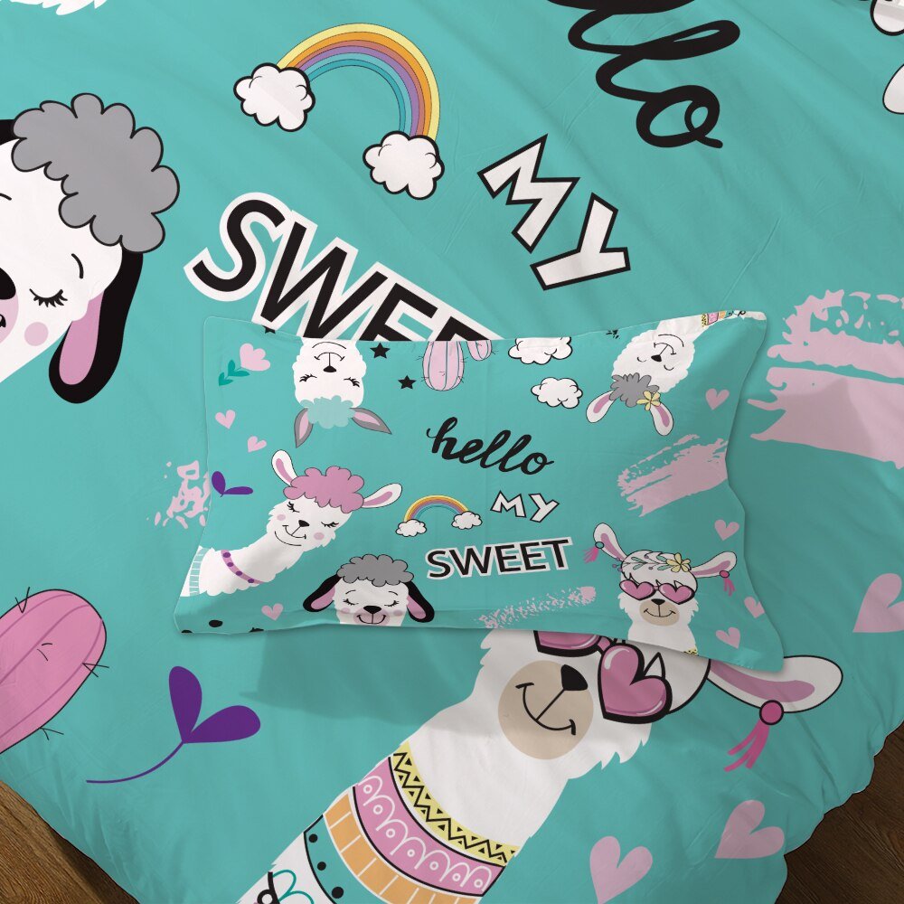 Teal Blue 2/3-Piece Cartoon Alpaca / Llama Print Duvet Cover Set - Image 4